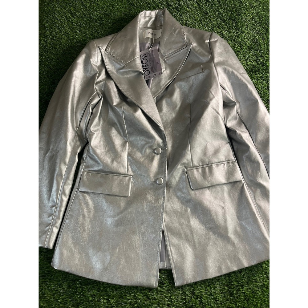 OYROSY Blazer Womens S Silver Faux Leather Two Button Notch Lapel Lined Tuxedo